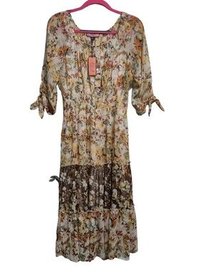 Floral Tiered Midi Dress in Beige and Brown